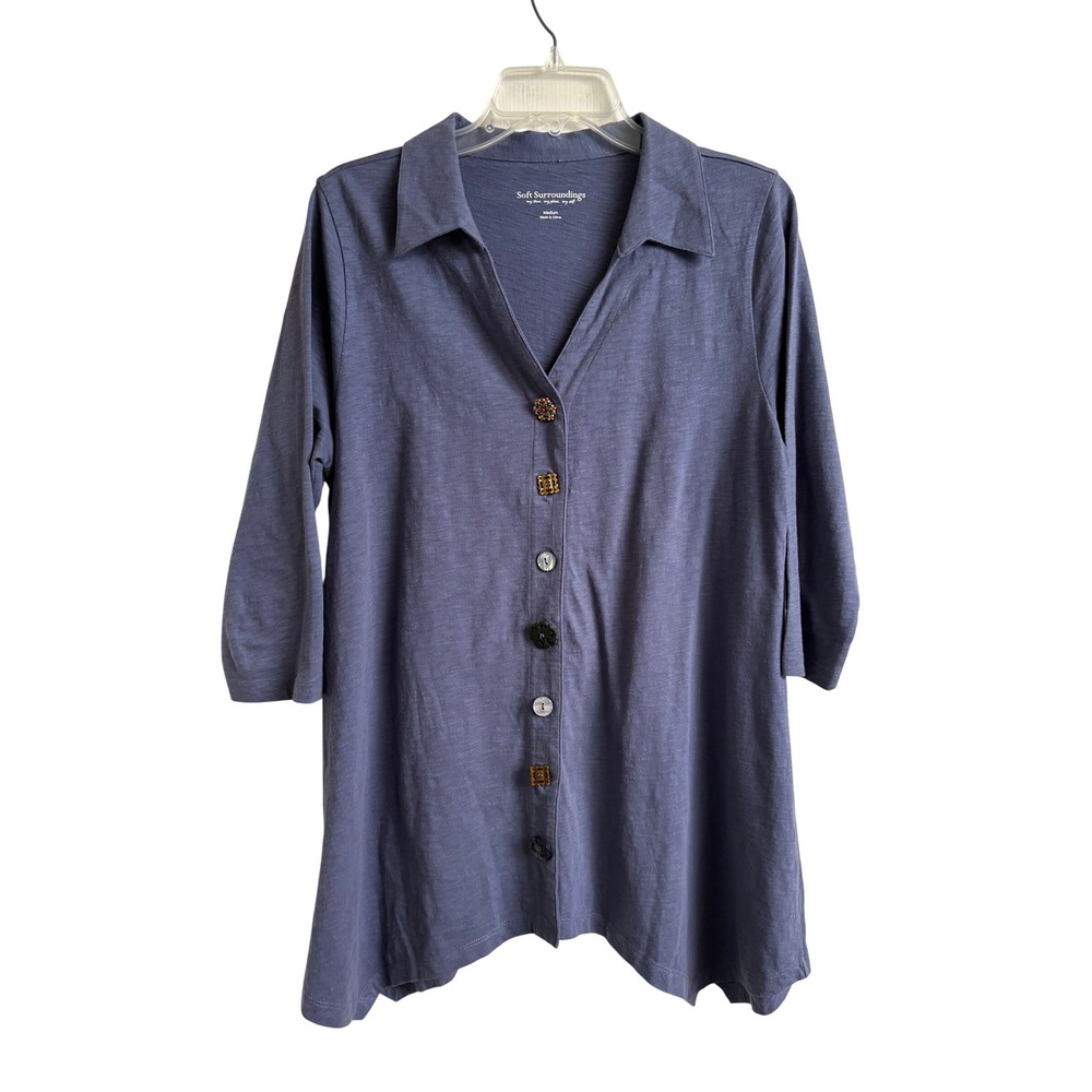 Soft Surroundings Dusty Blue Boho Mixed Button Neutral Danielle Tunic Shirt Sz M